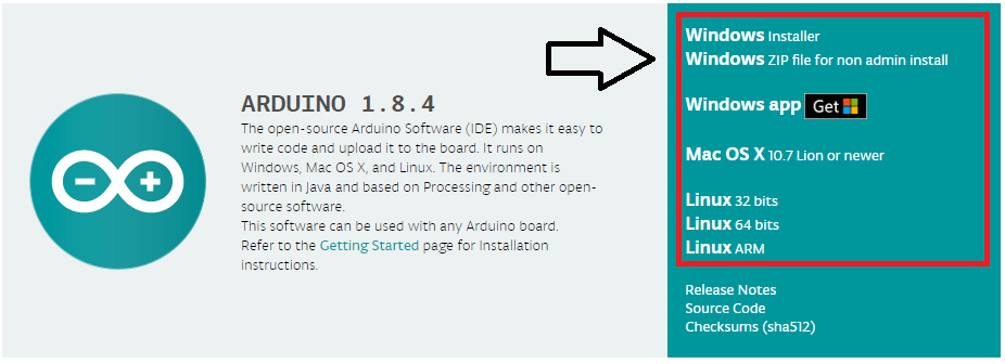 Opções de download da Arduino IDE