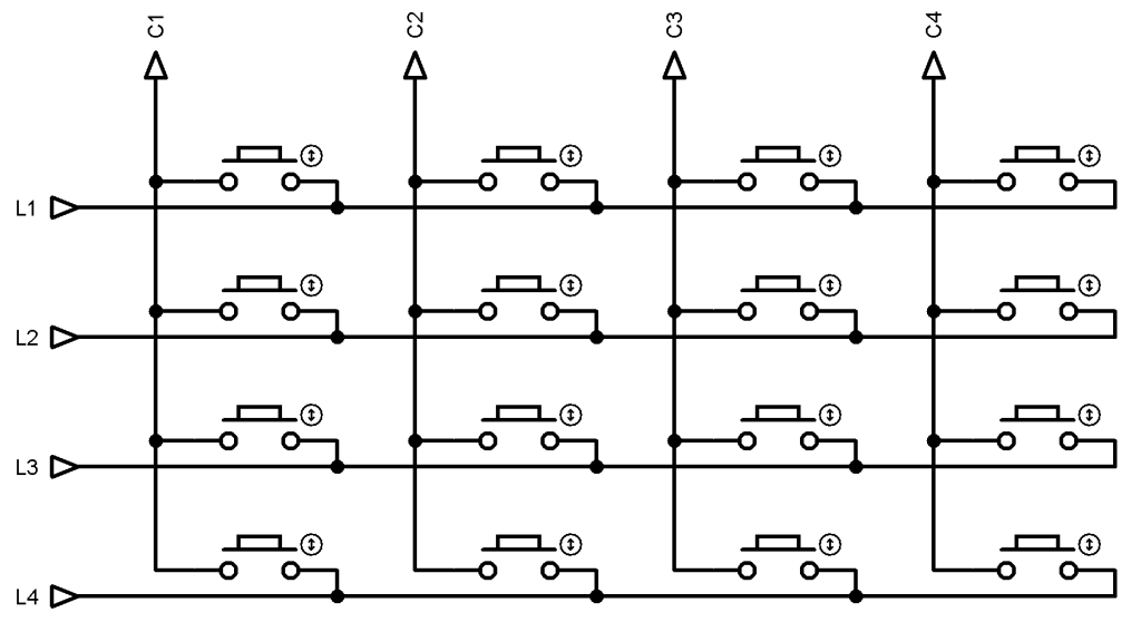 Figura 1 - Ligação interna de um teclado matricial 4x4.