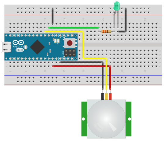 esquema de montagem do sensor de presença e movimento pir HC-SR501 com o Arduino micro