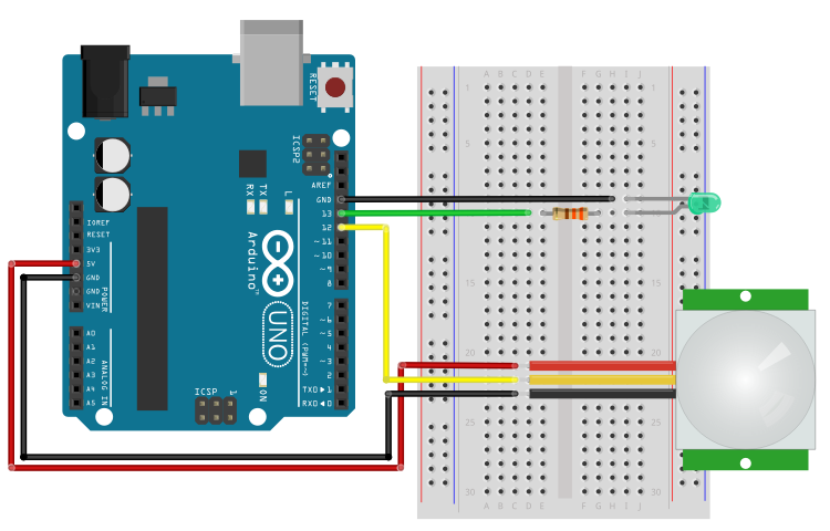 esquema de montagem do sensor de presença e movimento pir HC-SR501 com o Arduino Uno