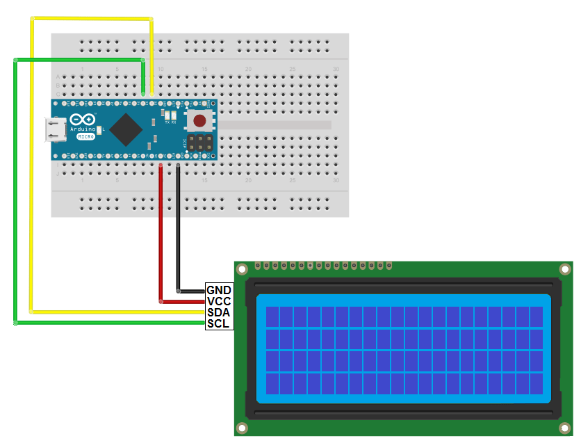 Esquema de montagem do Display LCD 20x4 Azul + Adaptador I2C com Arduino Micro