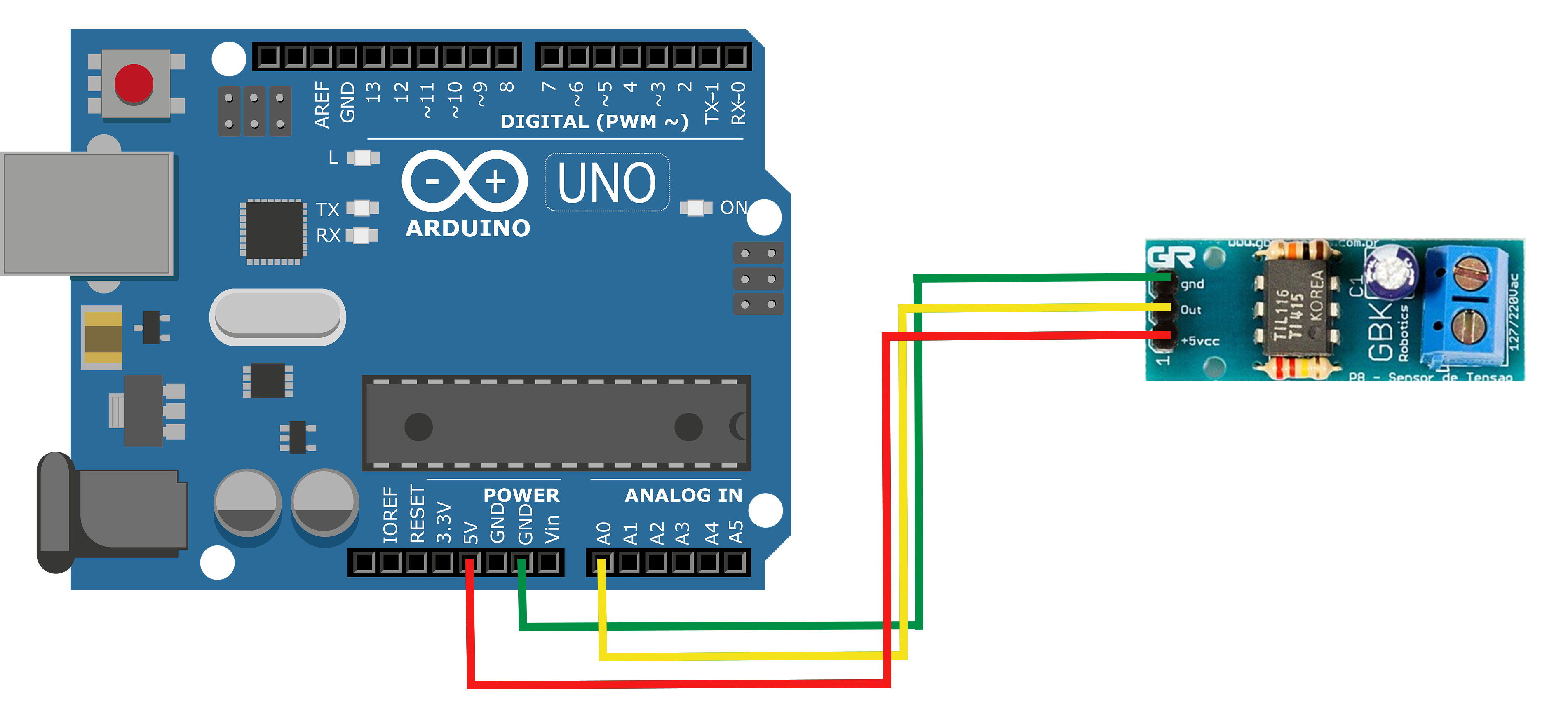 Esquema de ligação sensor de tensão com Arduino