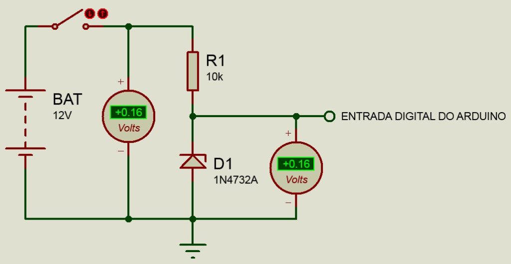 Circuito diodo zener + resistor com saída do sensor em 0V.