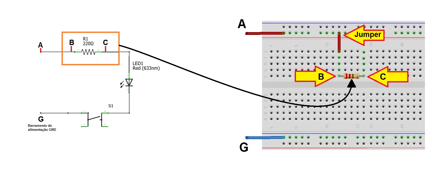 Passo 2 - montando circuito em uma matriz de contato - protoboard