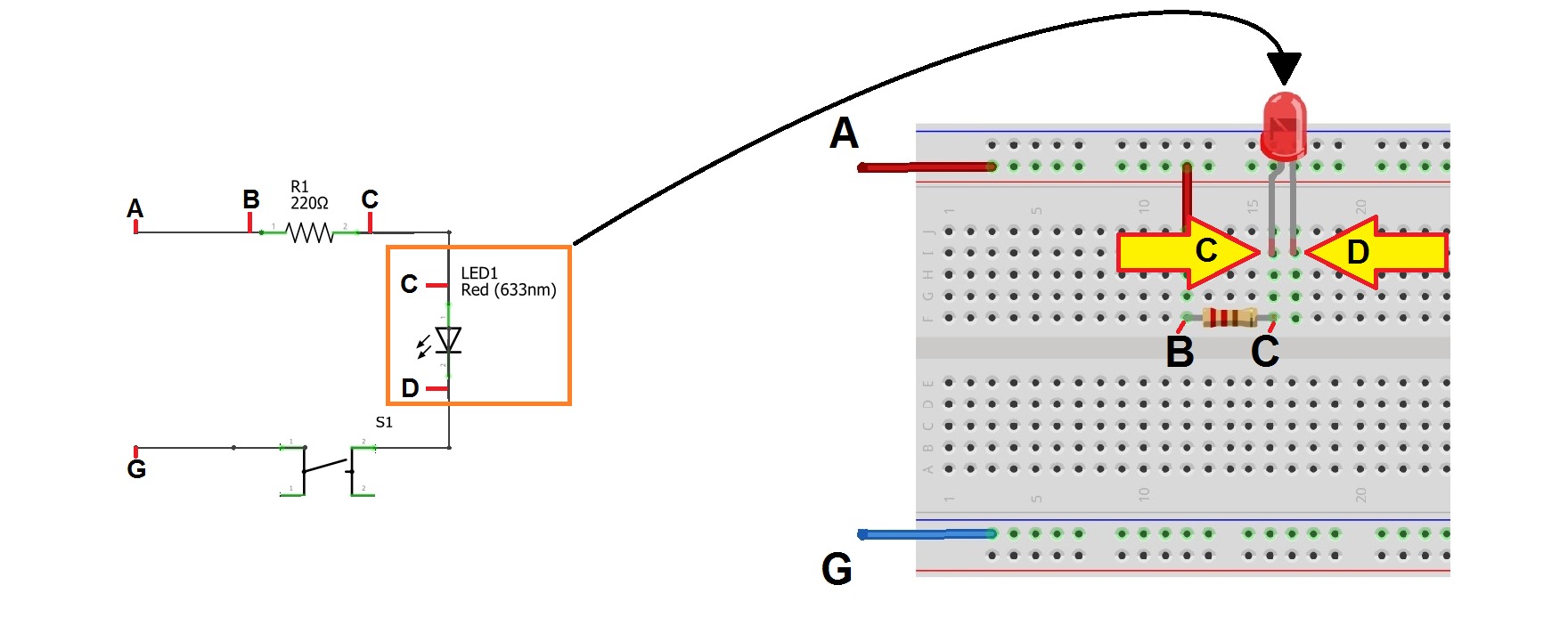 Passo 3 - montando circuito em uma matriz de contato - protoboard