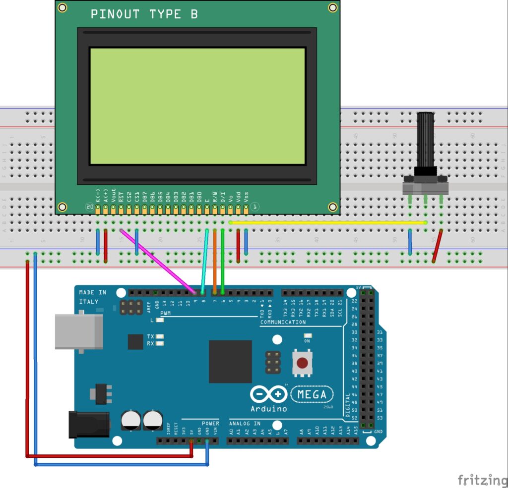 Diagrama do circuito em protoboard com o display 128x64